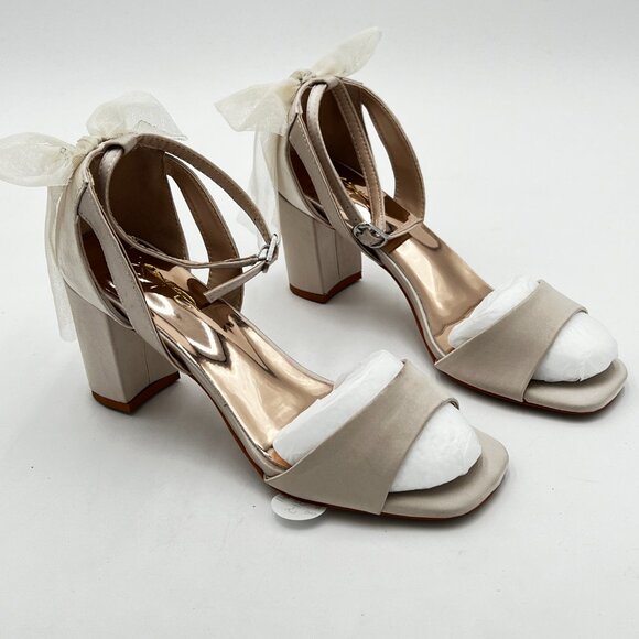 XYD White Satin Open Toe Bridal Wedding Shoes Block High Heel Mesh Bow Sandals - Picture 4 of 6